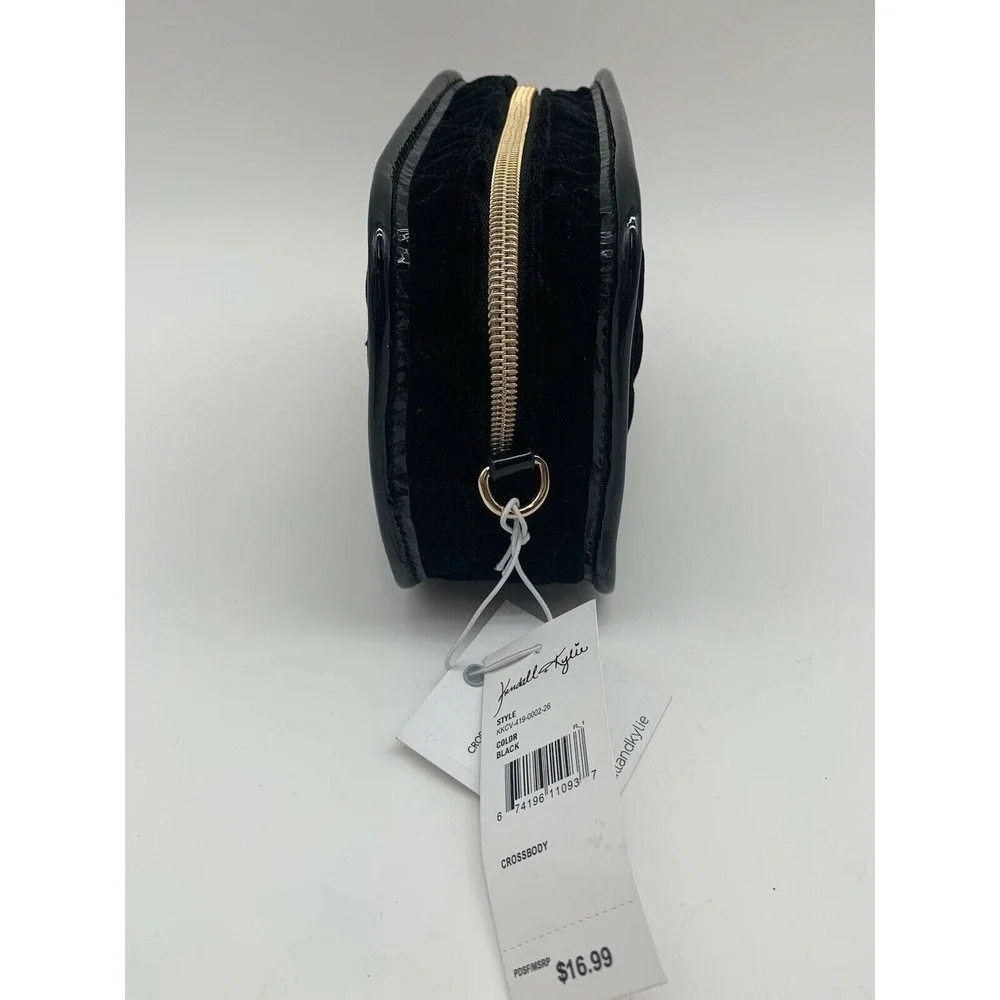 Kendall‎ Kylie Black Velvet Cosmetic Bag Pouch Gold Zipper Crossbody Strap NEW